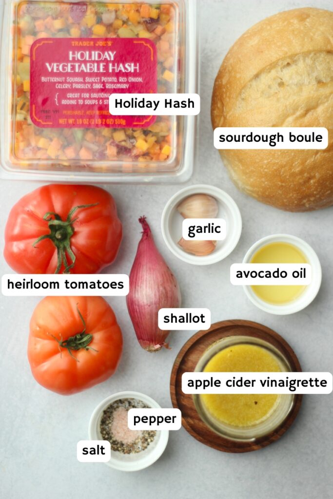 All of the ingredients needed to make this vegan fall panzanella salad.