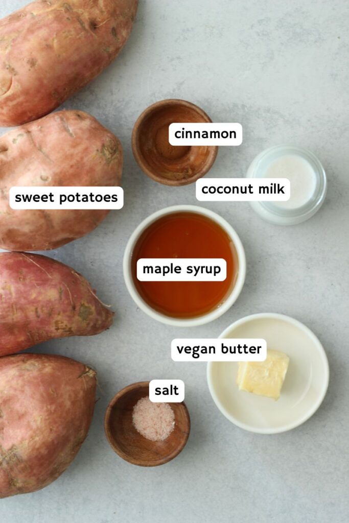All of the ingredients needed to make these mashed sweet potatoes.