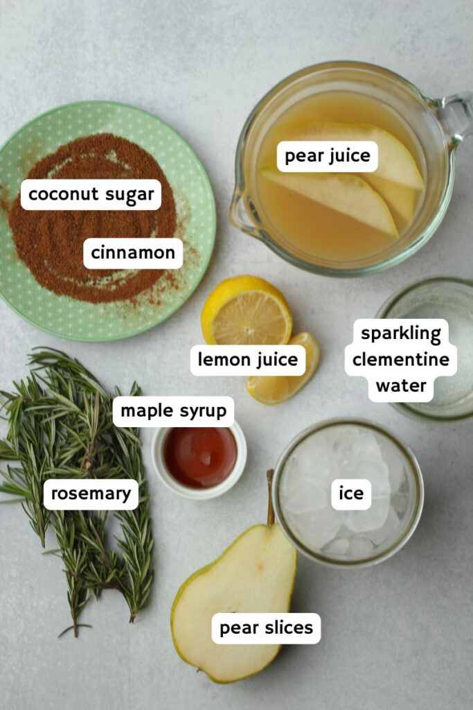 All of the ingredients needed to make this mocktail.