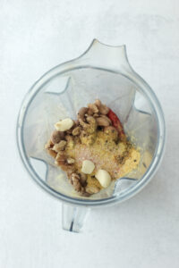 All of the ingredients have been added to a blender.