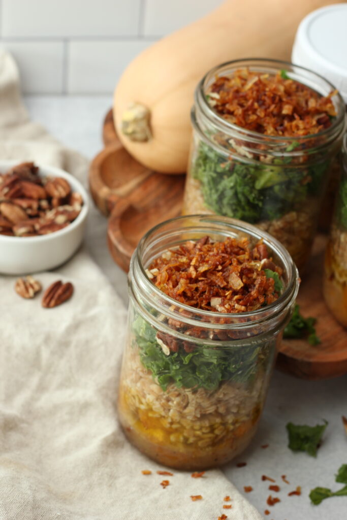 An up-close picture of the fall harvest meal prep jars.