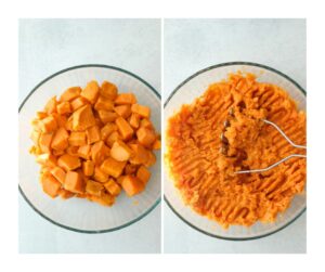 The boiled sweet potatoes have been mashed with a potato masher in a large bowl.