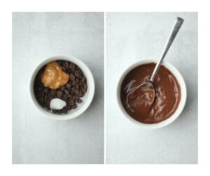 The chocolate, peanut butter, and coconut oil have been melted in a small bowl.