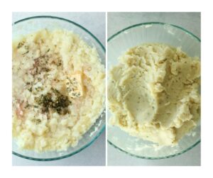 Added all of the remaining ingredients to the bowl of mashed potatoes.
