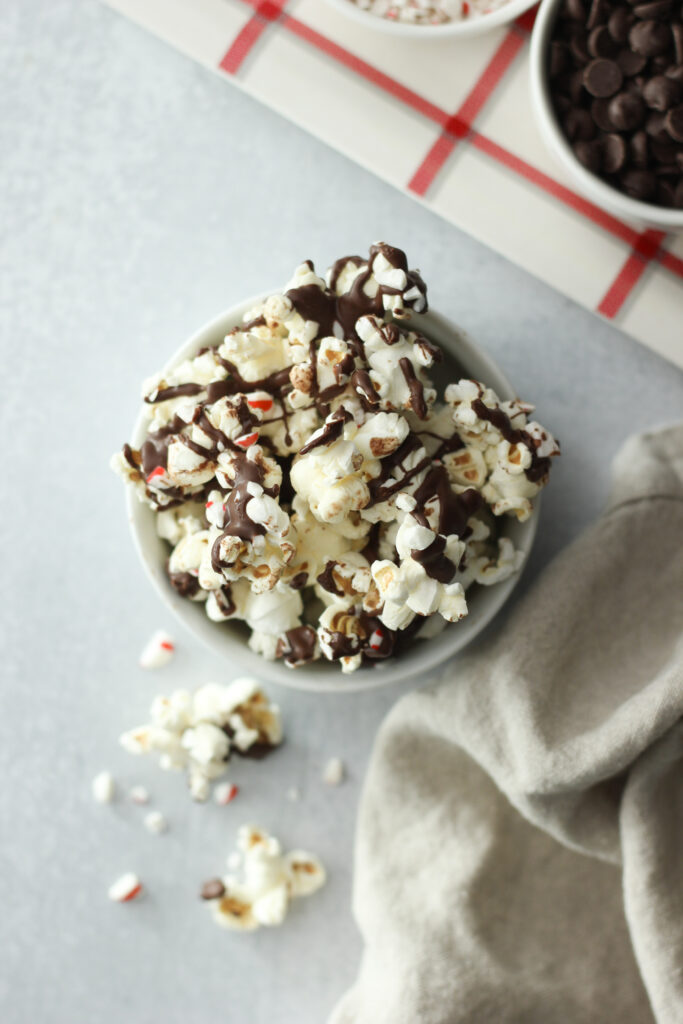 A bird's eye view of the popcorn in a small bowl.