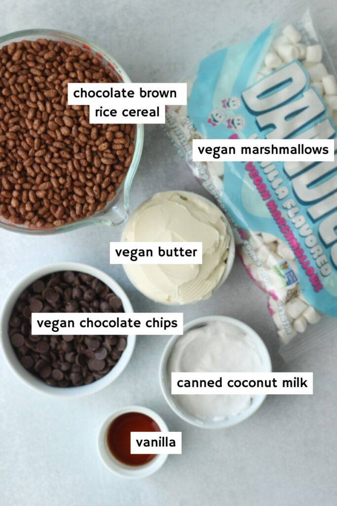 All of the ingredients needed to make these vegan rice krispie treats.