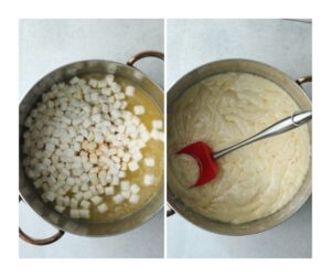 The butter, marshmallows, and vanilla have been melted together in a large pot.