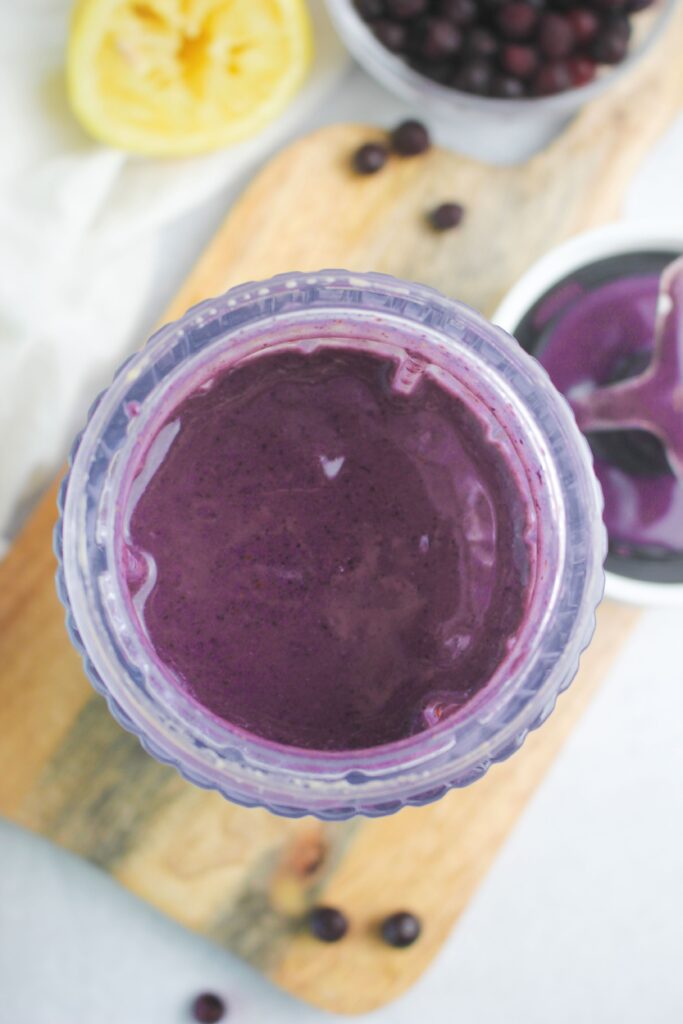 The blueberry lemon ginger smoothie is ready to enjoy.