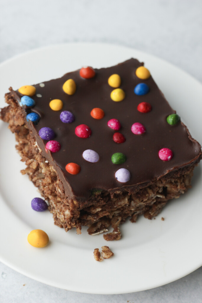 A slice of cosmic brownie baked chocolate oats.