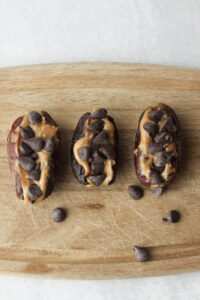 The dates have been stuffed with peanut butter and vegan chocolate chips.
