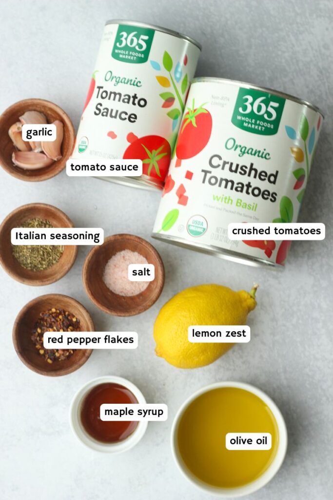 All of the ingredients needed to make this marinara sauce.