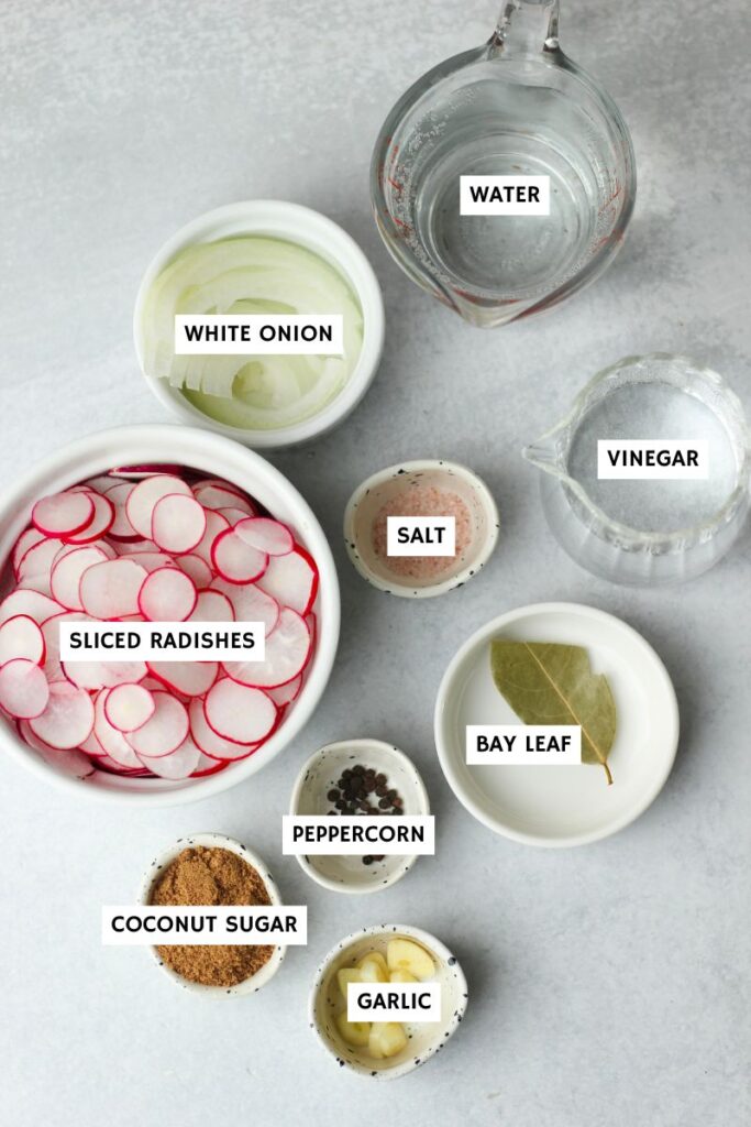 All of the ingredients needed to make these pickled radishes.