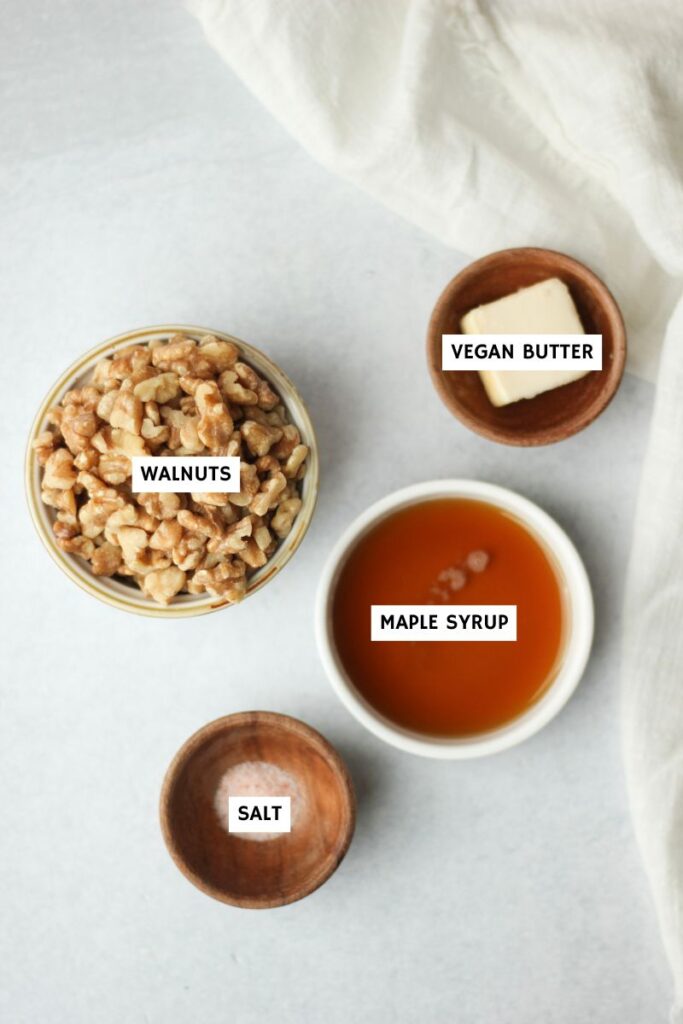 All of the ingredients needed to make these candied walnuts.