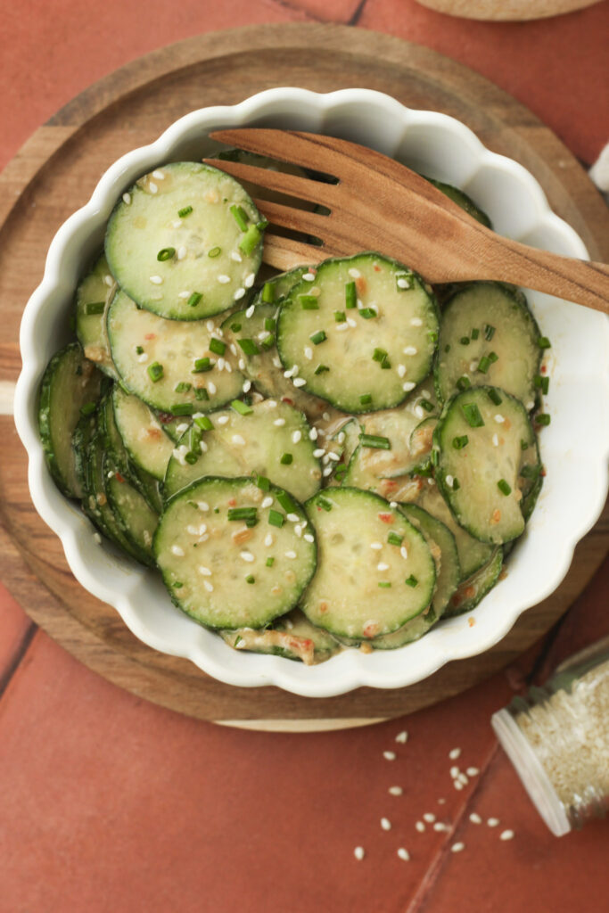 An up-close picture of this viral cucumber salad.
