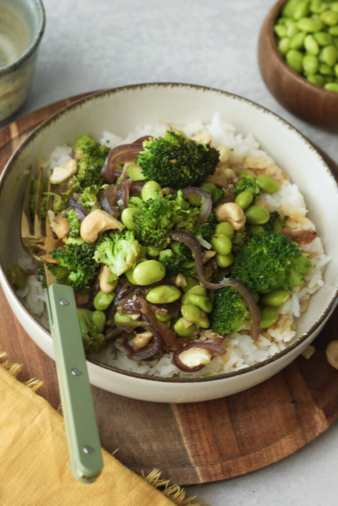 The vegan fried rice has been served in a bowl and is ready to eat.
