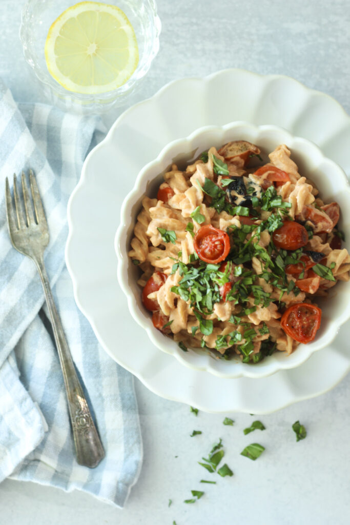 A serving of this vegan pasta in a white bowl.