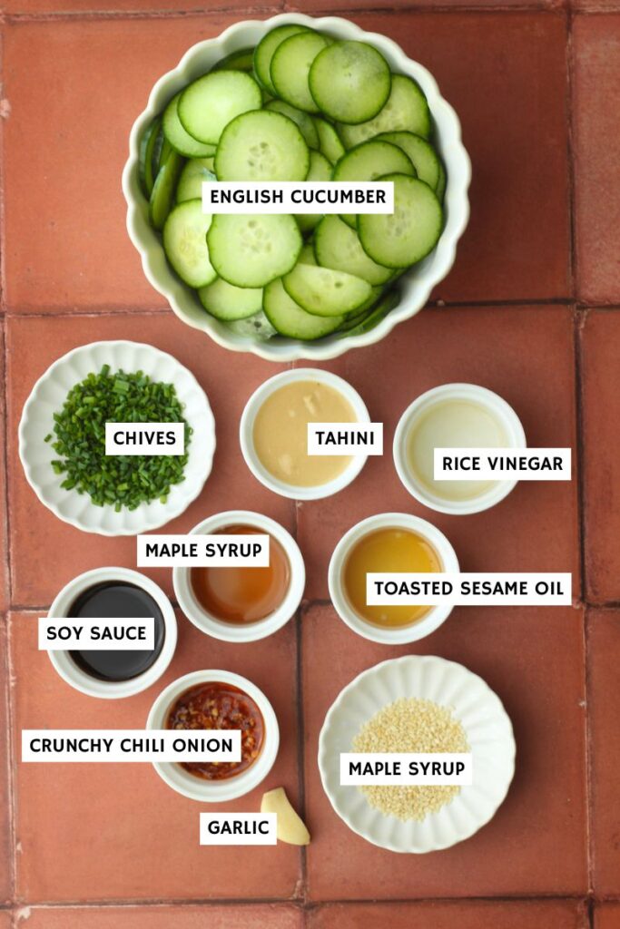 All of the ingredients needed to make this cucumber salad.