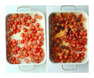 The tomatoes have been blistered on a sheet pan.