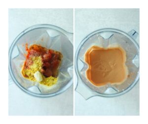 The sauce has been added to a blender and blended until smooth and creamy.