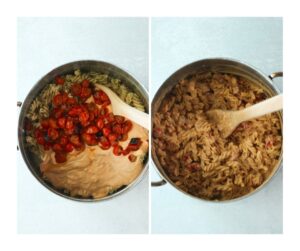 The sauce and blistered tomatoes have been added to the hot pot and stirred.