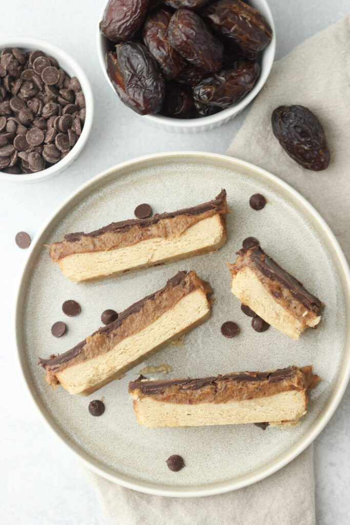 A plate of four pieces of these Twix bars ready to eat.