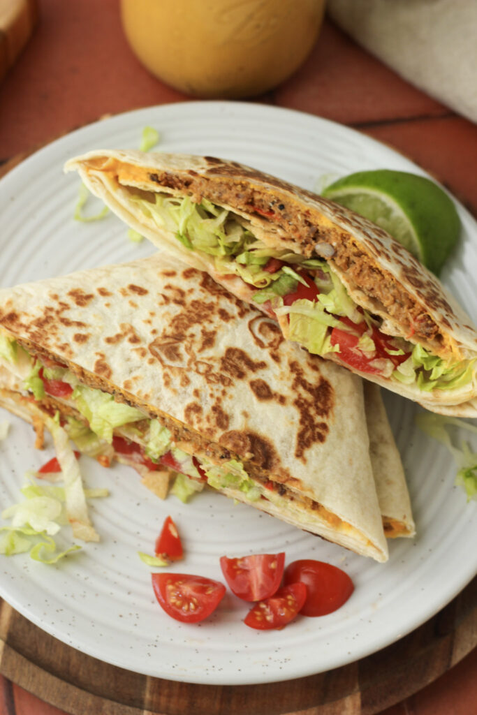 A close-up picture of these vegan Crunchwrap Supremes. 