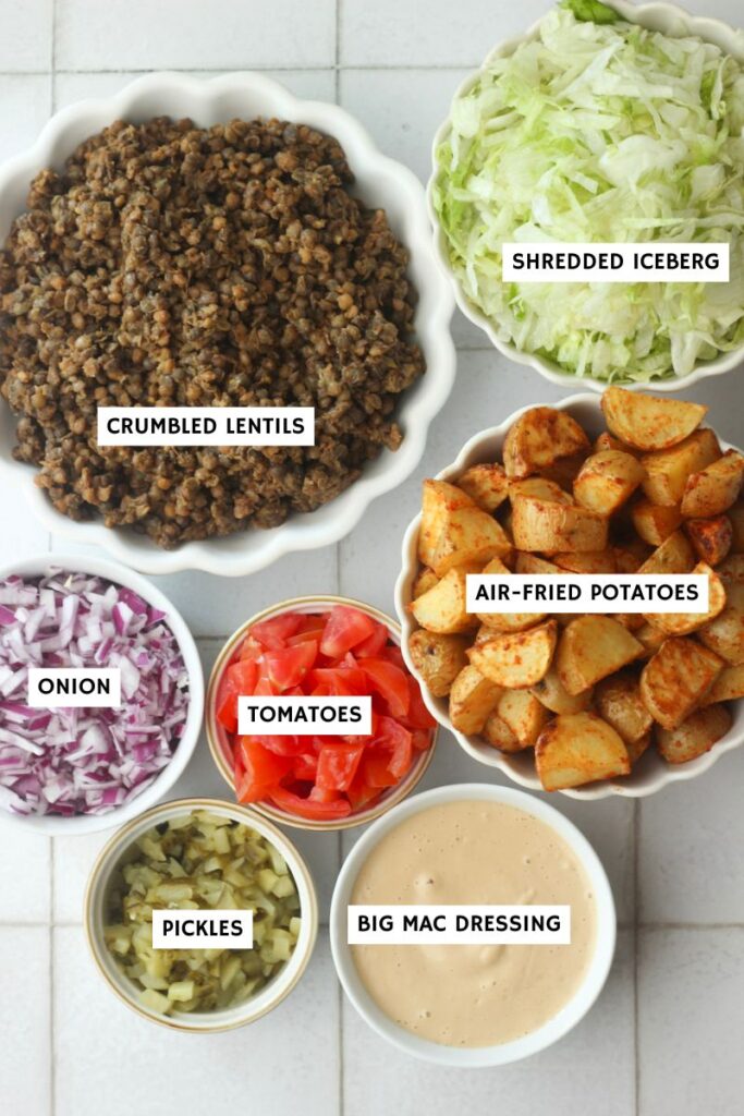 All of the ingredients to make this vegan Big Mac salad.