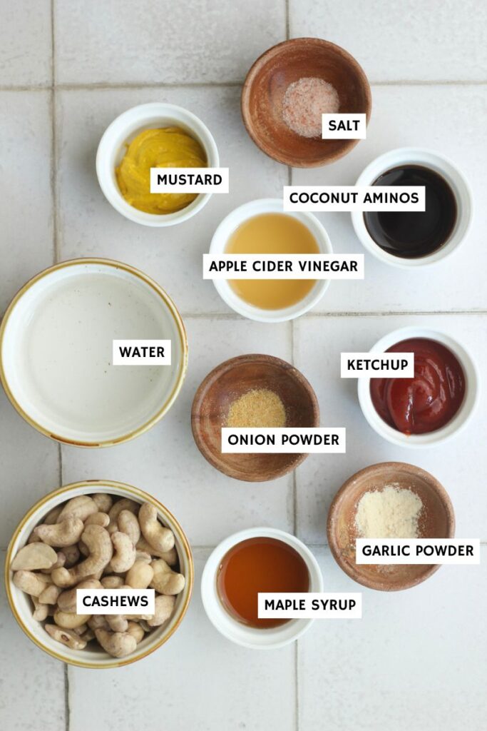 All of the ingredients needed to make the vegan Big Mac dressing.