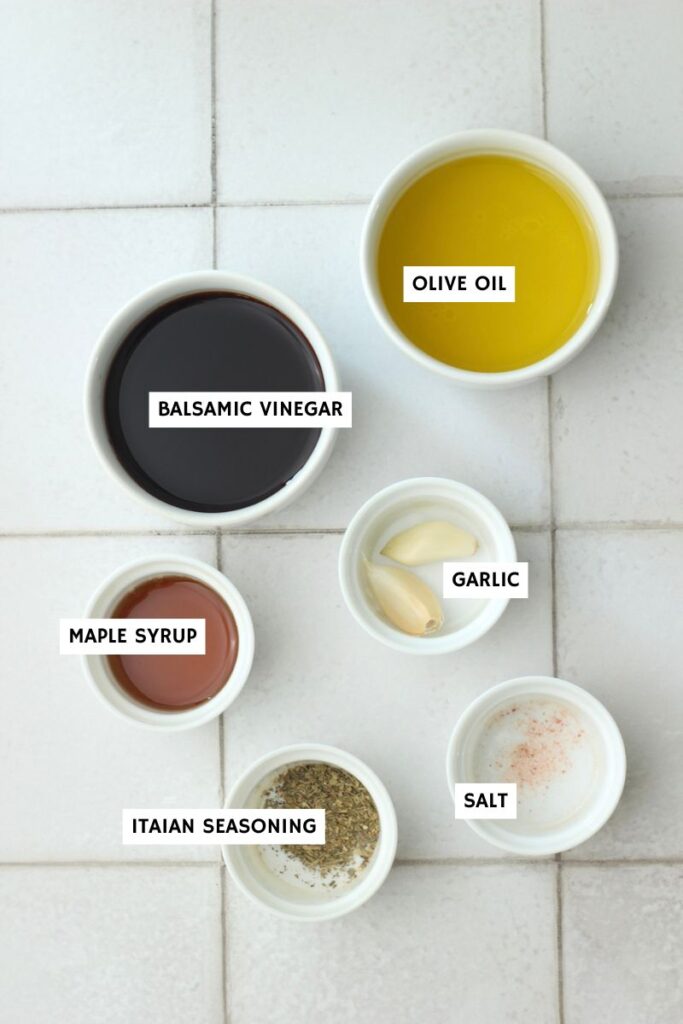 All of the ingredients needed to make the balsamic vinaigrette.