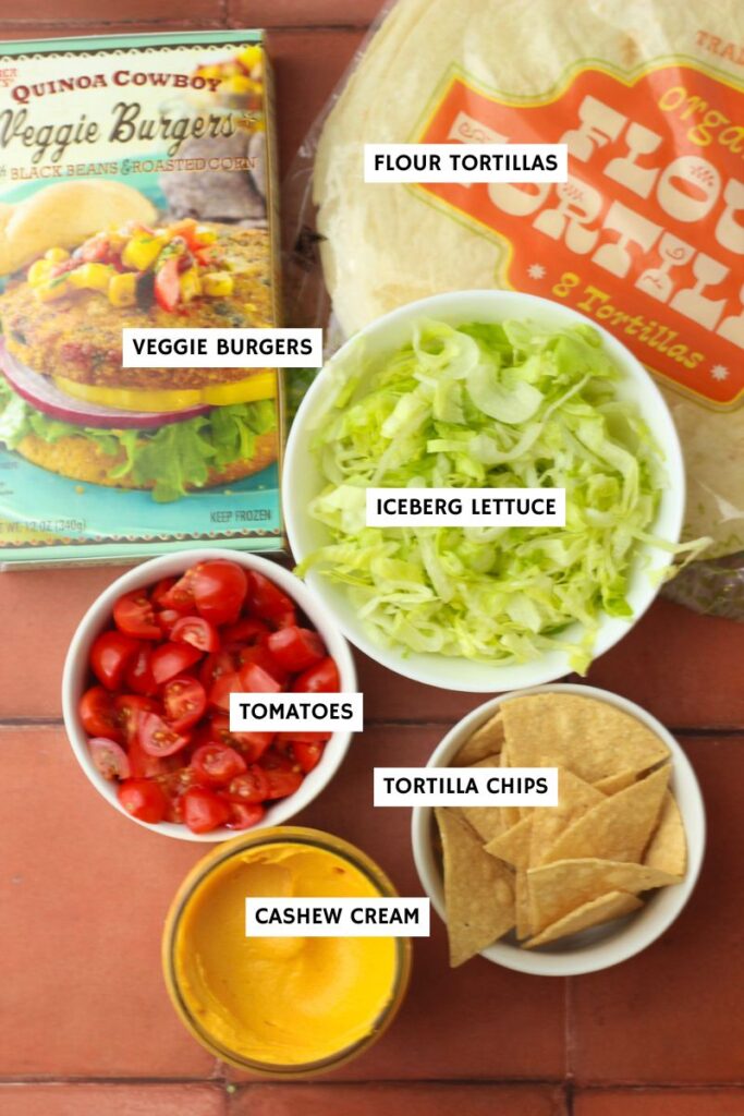 All of the ingredients to make these vegan Crunchwrap Supreme.