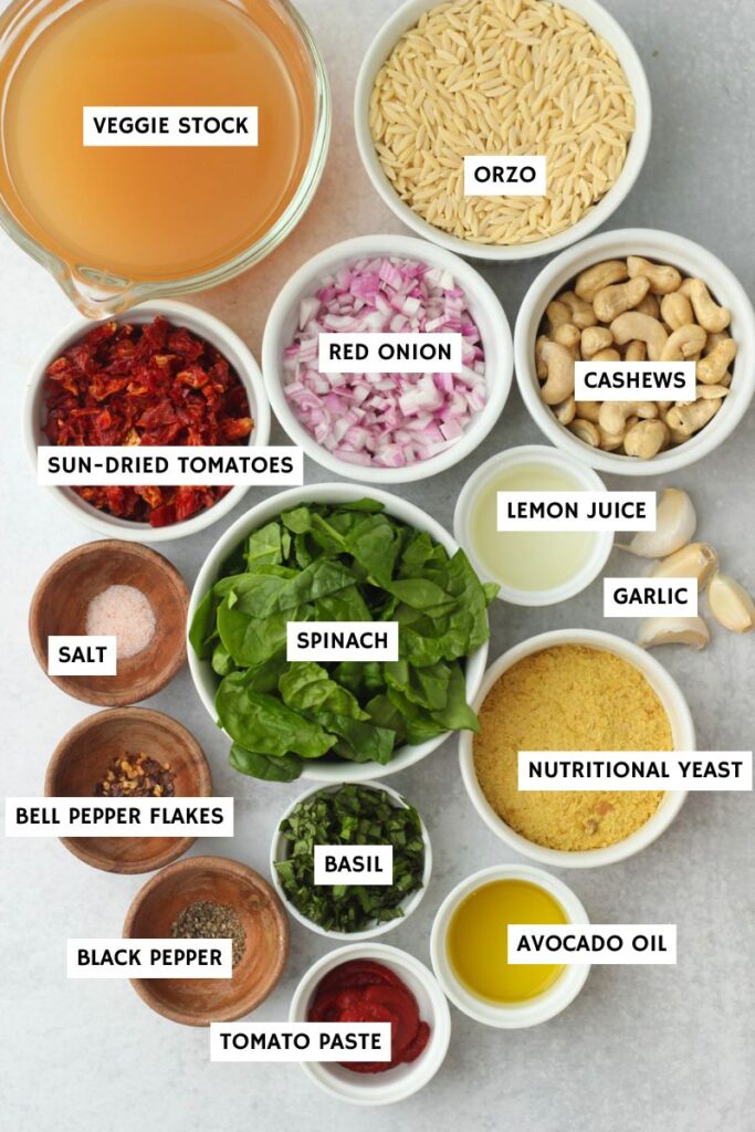 All of the ingredients needed to make this creamy vegan garlic orzo.