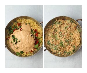 The sauce has been added to the frying pan.