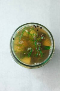The brine has been poured into the jar, over the pickles.