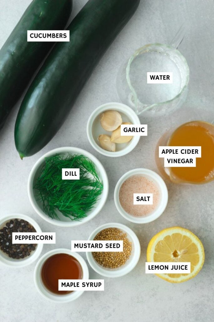 All of the ingredients needed to make these dill pickles.