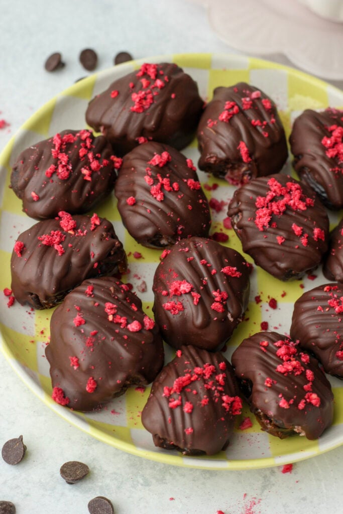 A plate of the raspberry stuffed dates.