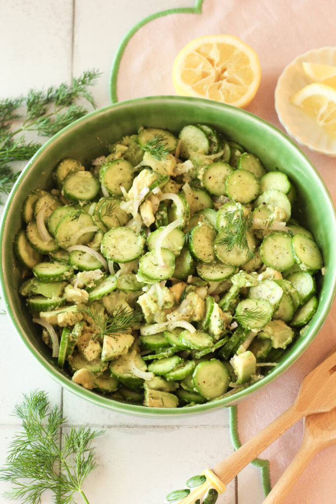 Fresh cucumber salad with dill and light vinaigrette.