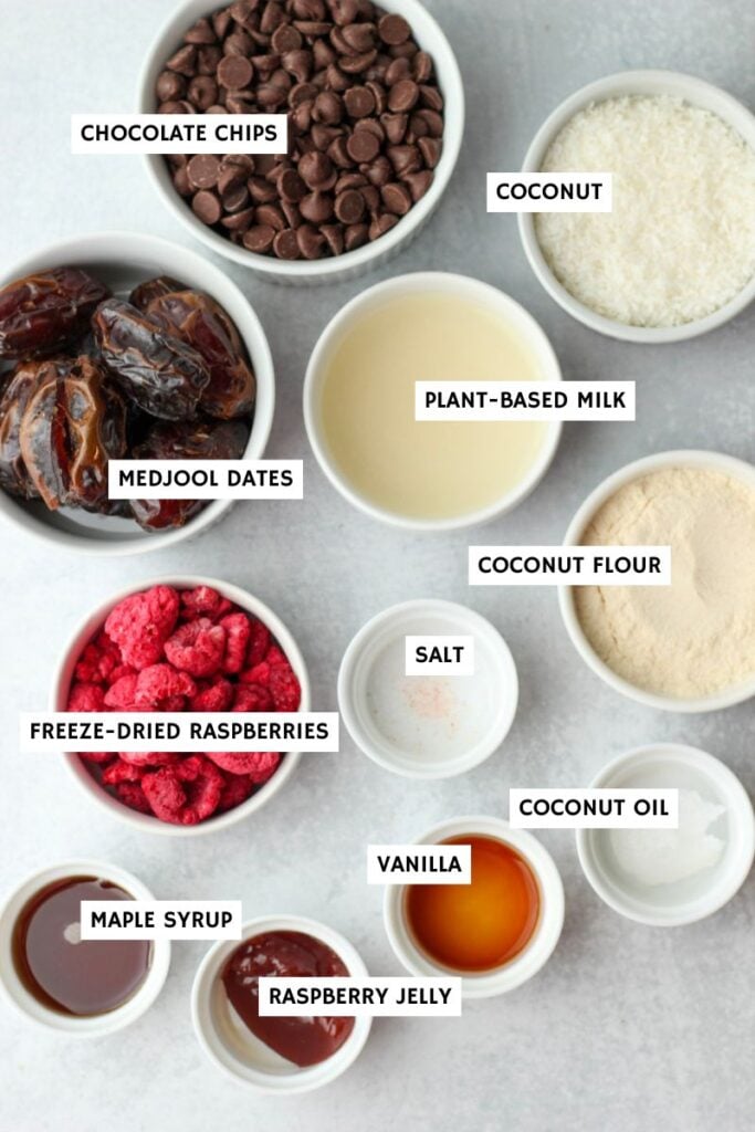 All of the ingredients needed to make these Raspberry Coconut Cream Stuffed Dates Dipped in Chocolate.