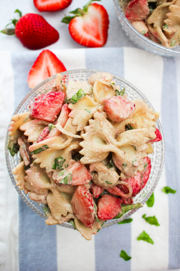 Strawberry fields pasta salad with fresh berries and homemade dressing.