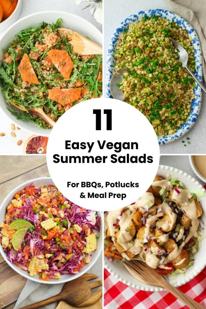 A collage of 4 summer salads plated.