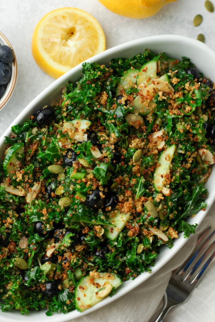 An up close picture of this kale superfood salad.