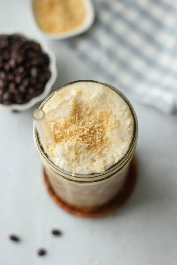 A bird's-eye view of the healthy coconut cream protein iced coffee drink.