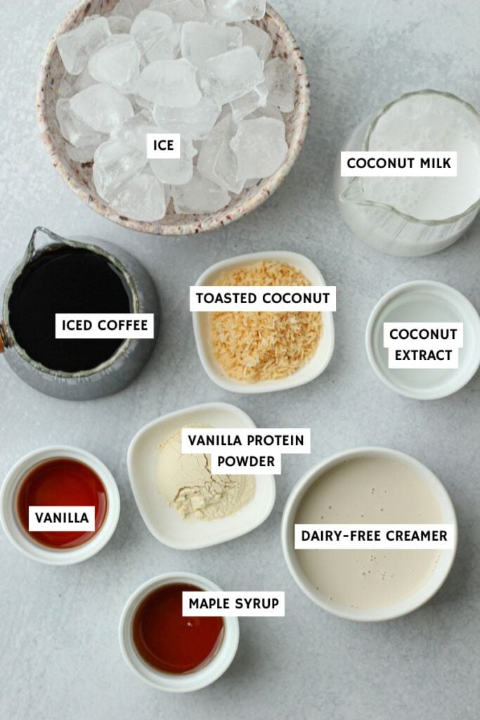 All of the ingredients needed to make this healthy coconut cream protein iced coffee.