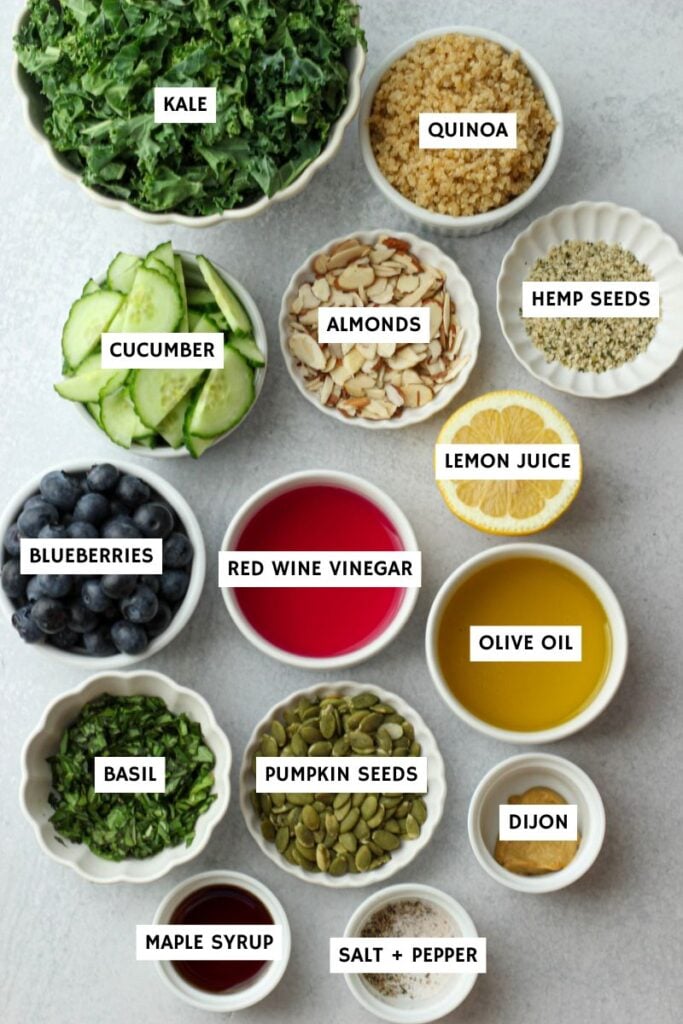 All of the ingredients needed to make this kale superfood salad.