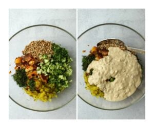 All of the salad ingredients have been added to a large salad bowl.