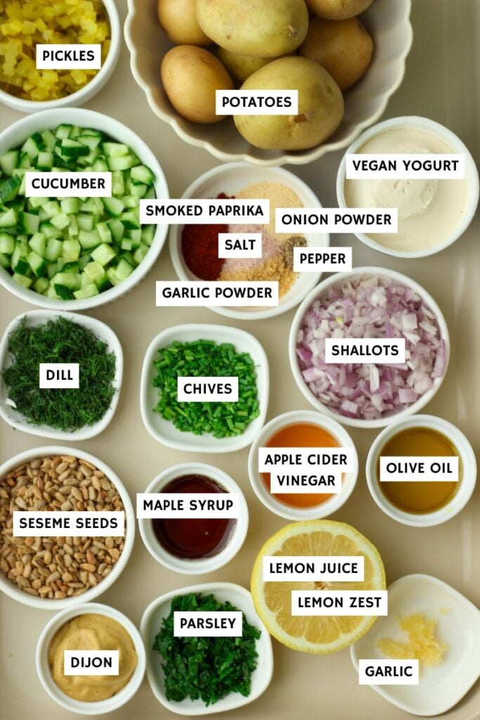 All of the ingredients needed to make this vegan potato salad.